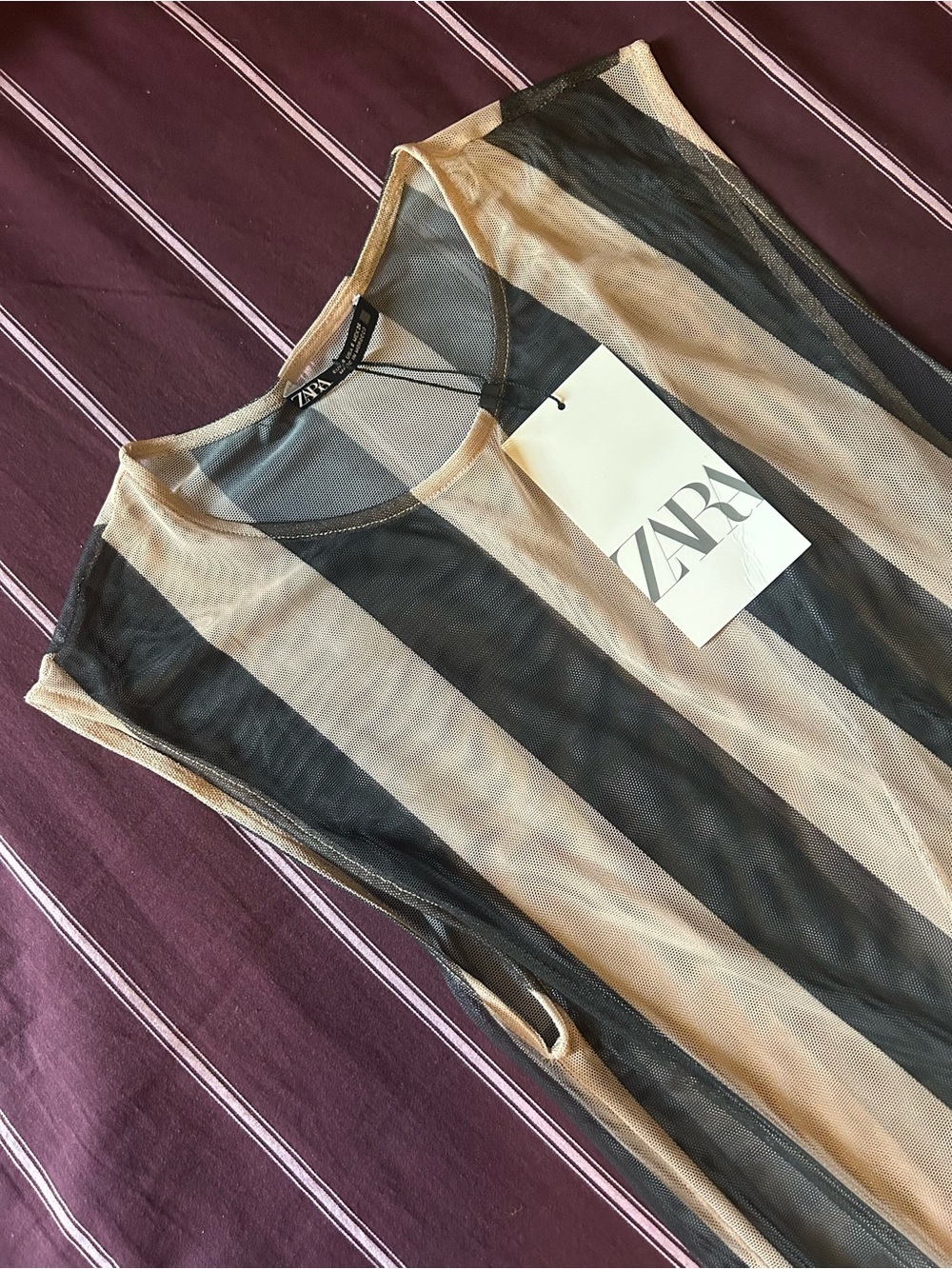 ZARA Black and Beige Sheer Striped Tank